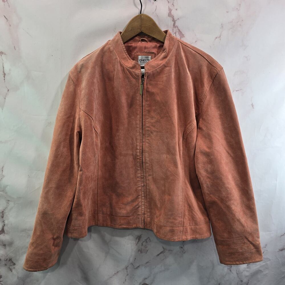 Chicos Jacket XL 3 Pink Peach Leather Suede Moto Biker Pastel Light Zip Vintage